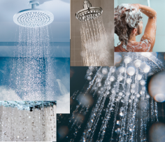 A collage of pictures of showers, water falling and a person taking a shower.